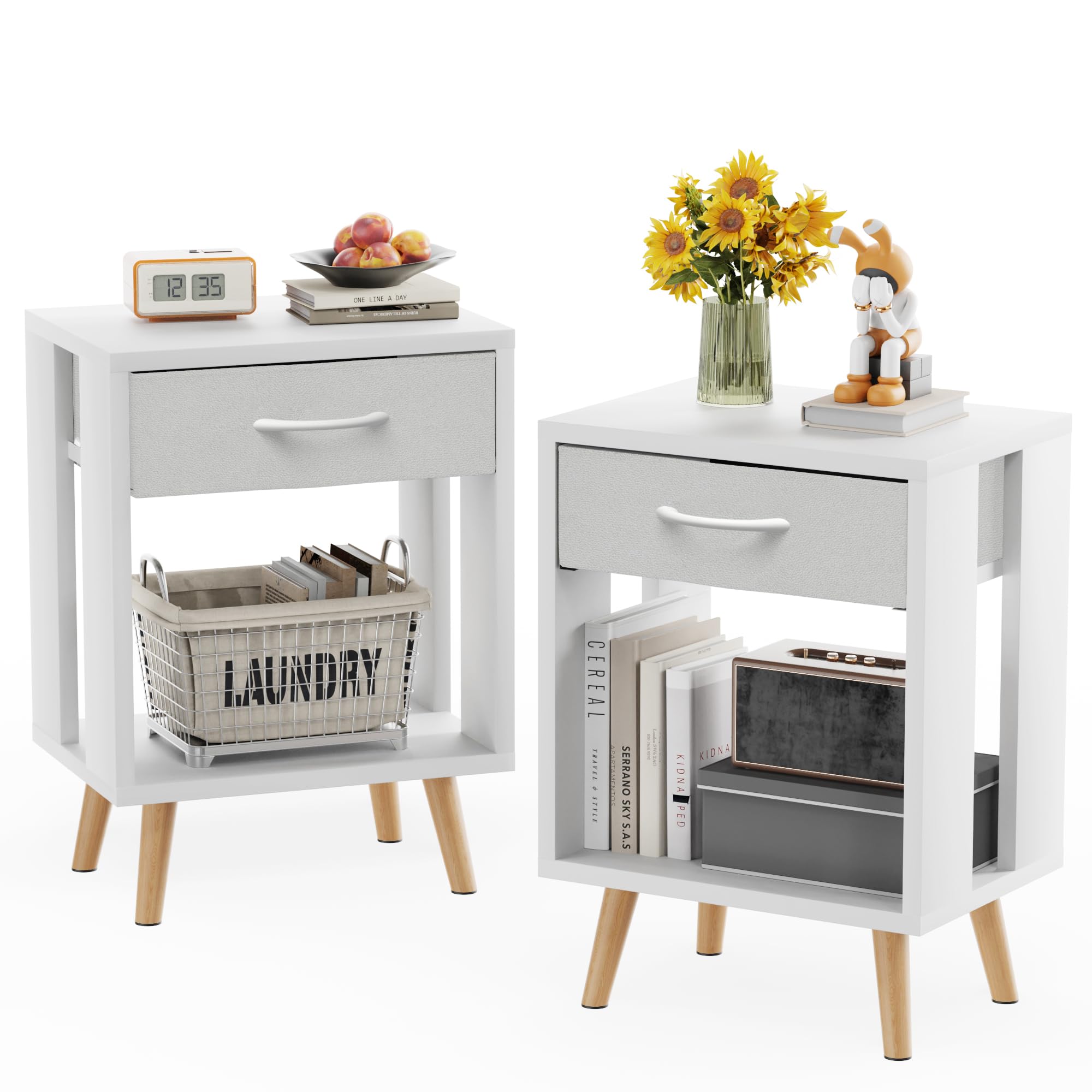 Gyiiyuo Nightstands Set Of 2 With Fabric Storage Drawer And Open Wood Shelf, Side Table With Storage For Bedroom, Night Stand Wi